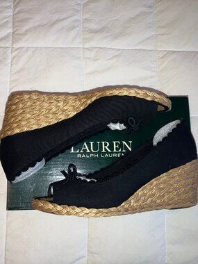 NIB Lauren Ralph Lauren Chaning Scallop Edge Bow Peep Toe Espadrille Wedge